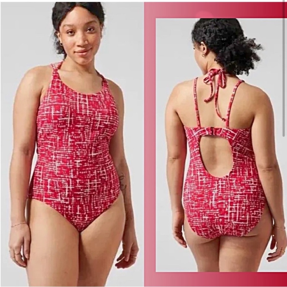 Athleta Keyhole One Piece Swimsuit red white  print small tall new with tags